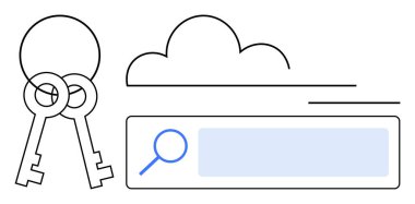 Üzerinde iki anahtar ve büyüteç bulunan bir arama çubuğu olan bulut taslağı. Bulut bilgisayarı, siber güvenlik, anahtar yönetimi, çevrimiçi giriş kontrolü, erişim kontrolü, veri gizliliği ve basit iniş için ideal