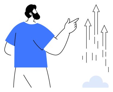 Mavi gömlekli sakallı bir adam yukarı doğru hareket ediyor. Büyümeyi ve başarıyı simgeliyor. İş için ideal, motivasyon, liderlik, ilerleme, yenilik, başarı takım çalışması. Basit düz