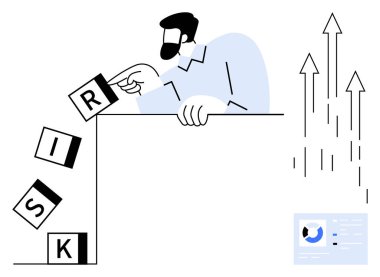 Risk, finansal çizelge ve yükselen oklar fırsat, büyüme, karar verme, problem çözme, yönetim, strateji, istikrar ve başarıyı simgeliyor. En düşük düz