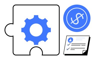 Vites bulmacası parçası, dolar işareti çemberi ve verimlilik, finans, takım çalışması, başarı, hedefler, problem çözme verimliliği için kontrol listesi. Yönetim stratejisi ve basit düz metafor için ideal