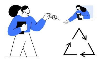 Elinde bir pano tutan ve geri dönüşüm sembolüne işaret eden bir kadın sürdürülebilirliği vurguluyor. Çevre bilinci, geri dönüşüm, eğitim, çevre, yeşil girişimler, atık yönetimi ve basit iniş alanları için ideal