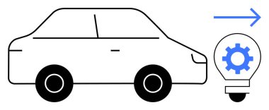 Araba bir dişli ile bir ampule doğru ilerliyor, yeniliği, sürdürülebilirliği, otomasyonu, temiz enerjiyi, otomotiv teknolojisini, yenilenebilir kaynakları ve çevre dostu geleceği sembolize ediyor. İdeal