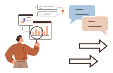 Veri tablolarını, grafiklerini ve mesaj baloncuklarını büyüteçle inceleyen kişi. Oklar süreci ve yönü gösteriyor. Araştırma, analiz, iletişim, planlama, büyüme eğitimi için ideal