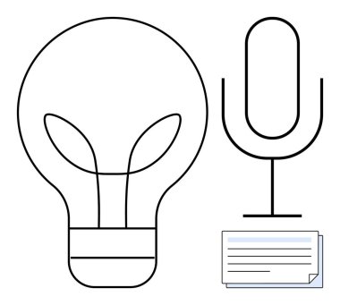 Ampul, mikrofon ve belge özeti yaratıcı düşünme, ses etkileşimi ve bilgi paylaşımını simgeler. Yenilik, iletişim, beyin fırtınası, öğrenme teknolojisi için ideal