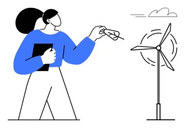 Elinde tabletle rüzgâr türbinine doğru uçan kağıt uçakla duran bir kadın yenilenebilir enerji sağlıyor. Sürdürülebilirlik, yenilik, yeşil enerji, iklim hareketi, eko-teknoloji, yenilenebilir kaynaklar için ideal