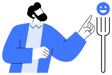 Mavi ceketli adam gülümseyen bir çatalı işaret ediyor, mutfak ve insan etkileşimi kavramlarını harmanlıyor. Yaratıcılık, mizah, yemek, iletişim, markalaşma, sosyal temalar için ideal, basit iniş sayfası