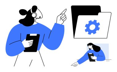 Dişli simgesi olan klasör ve kulaklıklı müşteri destek ajanı. İletişim için ideal, müşteri hizmetleri, yardım, destek, verimlilik, organizasyon, basit iniş