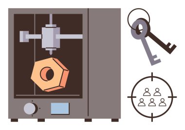 3D yazıcı, anahtarların yanında altıgen bir nesne ve figürlü bir hedef oluşturarak yenilik, kesinlik, güvenlik, erişim, işbirliği, teknoloji ve basit bir düz metafora odaklanmayı temsil ediyor.