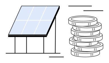 Yenilenebilir enerji evlat edinme, maliyet tasarrufu, yeşil yatırım ve mali verimliliği temsil eden bozuk paraların yanındaki güneş paneli. Sürdürülebilirlik, temiz enerji, eko-ekonomi ve çevre için ideal