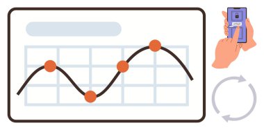 Şebekede veri noktaları olan bir çizgi grafiği, telefonun kilidini açan bir el ve döngüsel bir ok. Analiz, ilerleme izleme, güvenlik, takım çalışması, işlem otomasyonu, uygulama geliştirme için ideal düz metafor
