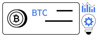 BTC metni, analitik çizelgesi, ampul ve kripto para birimini temsil eden ekipman, finans, yenilik, veri analizi, engellenmiş dijital ekonomi ve teknoloji içeren bitcoin. Fintech için ideal
