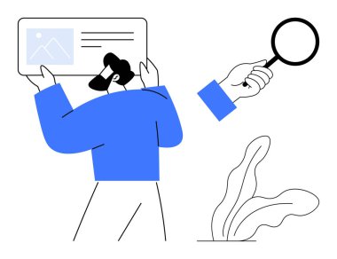 Arayüz ekranı sunan adam, büyüteçle el teftişi, minimalist tarzda bitki. Arama analizi, kullanıcı sözleşmesi, sunum, çevrimiçi tarama, soruşturma, etkileşim için ideal