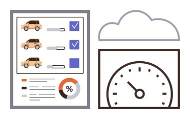 Bir bulutun altında hız göstergesi ve veri tablosunun yanında arabalı kontrol listesi, ilerleme kaydırıcıları ve kontrol işaretleri var. Veri analizi, araba performansı, teknoloji, verimlilik, izleme ve bulut depolama için ideal