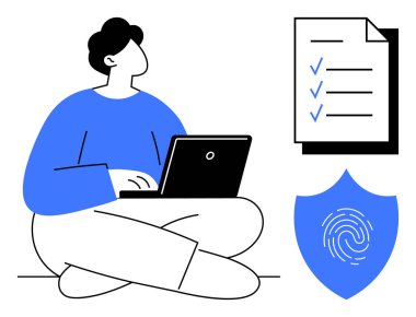 Bilgisayarda çalışan kişi kontrol listesi ve parmak izli güvenlik kalkanı yanında. Üretkenlik, teknoloji, siber güvenlik, kimlik koruma, görev tamamlama, dijital mahremiyet için ideal