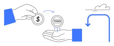 Bulut ve okla el değiştirerek dijital işlemleri, engelleme zincirini ve varlık takasını sembolize ediyor. Finans, kripto para birimi, fintech, yatırım, e-ticaret, ticaret için ideal