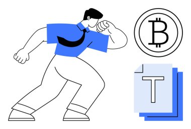 Kendine güvenen bir adam, Bitcoin ve belge simgeleri kripto para, finans, yaratıcılık, yenilik, teknoloji, başarı, basit bir iniş sayfası için ideal