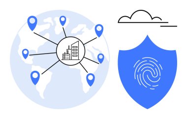 Merkezi bir binaya bağlı lobutları olan dünya haritası, parmak izli kalkan ve bulut. Küresel ağ, güvenlik, veri gizliliği, teknoloji, bağlantı, bulut hesaplama için ideal