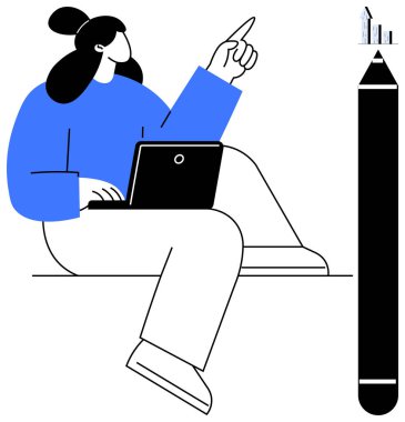 Dizüstü bilgisayarla oturan kişi, uzun bir kalemin üstündeki büyüme grafiğini gösteriyor, yaratıcılığı, odaklanmayı, ilerlemeyi ve beyin fırtınasını sembolize ediyor. Eğitim, iş ve yenilik planlaması için ideal