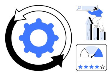 Oklarla çevrili dişli, büyüme grafiği, hız göstergesi ve derecelendirme yıldızları analiz eden kişi. Üretkenlik, ilerleme izleme, iş performansı, sürekli iyileşme ve veri analiz hedefi için ideal