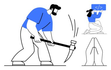 Güçlü adam kazmayı madencilik için kullanır, kadın kodlama engelini odaklar, eller duayla birleşir. Çalışma, programlama, teknoloji, odaklanma, azim, takım çalışması için ideal basit iniş sayfası