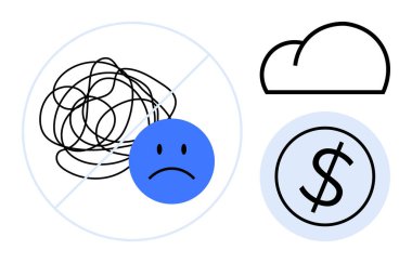 Karışık çizgilerin, bulutların ve dolar işaretlerinin yanında mavi üzgün yüz. Zihinsel sağlık, basitlik, açıklık, hayal kırıklığı, finansman, problem çözme kararı için ideal. Basit düz metafor