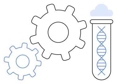 Dişliler ve DNA ipliği ile test tüpü yenilik, biyoloji ve mühendisliği gösteriyor. Biyoteknoloji, genetik, bilim, araştırma, takım çalışması yeniliği ve işbirliği kavramları için idealdir. Basit.