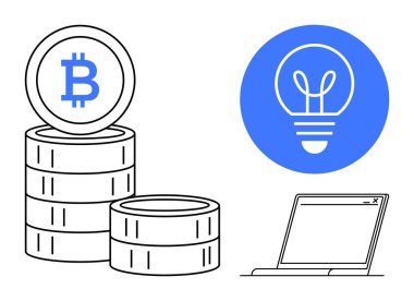 Bitcoin sikkeleri yığını, yenilik için ampul ikonu ve şifreli para birimini ve dijital fikirleri temsil eden dizüstü bilgisayar. Fintech, engelleme zinciri, teknoloji, yenilik, yatırım, e-ticaret için ideal basit