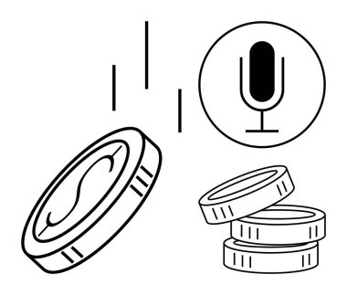 Bozuk paralar yığının yanına düşüyor, mikrofon simgesi, dikey çizgiler yukarı doğru akış olduğunu gösteriyor. Podcast, akış, para, ses platformu, içerik oluşturma, serbest iniş sayfası için ideal