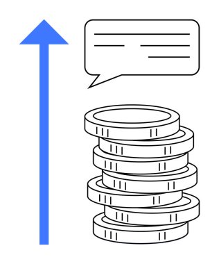 Artan bir ok ve diyalog baloncuğu olan bozuk para yığını finansal büyüme, kâr, tasarruf, strateji iletişimi sağlıyor. İş için ideal, yatırım, gelir, ekonomik planlama, analiz basit