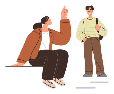 İki kişi, biri oturarak, dikkatlice yukarıya bakıyor, diğeri de omzunda bir torbayla diyalog kuruyor. İletişim, etkileşim, eğitim ve danışmanlık için ideal