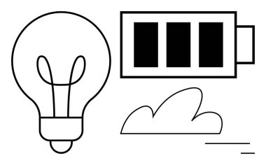 Ampul, şarj çubuklu pil, yenilenebilir enerjinin sembolü olarak minimum bulut. Sürdürülebilirlik, yenilik, teknoloji, enerji tasarrufu, çevre, yeşil güç sade iniş sayfası için ideal