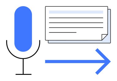 Mavi mikrofon, metin belgesi ve ses dönüşümünü veya ses giriş dönüşümünü temsil eden ok. İletişim, transkripsiyon, teknoloji, ulaşılabilirlik, yapay zeka, üretkenlik için ideal