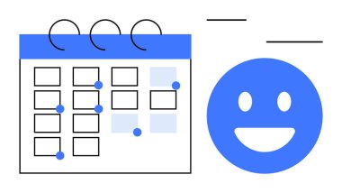 Gülen yüzün yanında işaretli tarihler olan mavi takvim. Organizasyon, programlama ve olumlu zihniyeti ön plana çıkarıyor. Zaman yönetimi, planlama, üretkenlik, verimlilik, takım çalışması motivasyonu için ideal