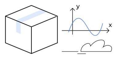 Yansıtıcı yüzeyi olan küp, sinüs dalgası grafiği ve bulut çizgisi. Veri analizi, yaratıcılık, yenilik, soyut düşünme, teknoloji kavramları, eğitim için ideal düz metafor