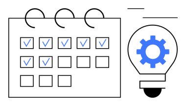 İçinde dişli bir dişli bulunan bir ampulün yanındaki işaretli takvim, üretkenliği, yeniliği, yeniliği, organizasyonu, fikirleri, takım çalışmasını, verimliliği ve yaratıcılığı sembolize ediyor. İş akışı için ideal