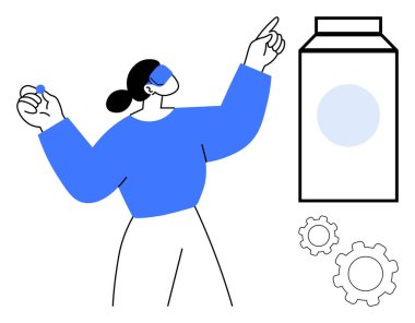 Mavi kazaklı kadın, elinde küçük bir nesne ve vites tutarken süt kutusunu işaret ediyor. Üretkenlik, yenilik, yaratıcılık, planlama, takım çalışması, problem çözme, basit iniş sayfası için ideal