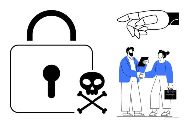 Kilit ve kafatası siber tehditleri vurgular, yapay zeka potansiyel manipülasyonu simgeler, iş adamları da güveni simgeler. Siber suç, veri güvenliği, yapay zeka etiği, dijital risk, iletişim, mahremiyet için ideal