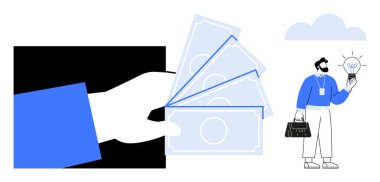 Çantalı ve ampullü iş adamlarına el ele tutuşan nakit para. Finans, yenilik, fon, yatırım, girişimcilik, iş stratejisi, zenginlik yaratmak için idealdir. Basit düz