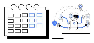 Robot takvim, test tüpü, kalkan, ampul ve ilerleme çizelgeleri ile çoklu görev. Otomasyon, üretkenlik, yapay zeka optimizasyonu, iş akışı yönetimi için ideal. Basit.