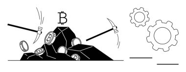 Kazmalar, engelleme teknolojisini sembolize eden çarkların yanındaki kayalardan bitcoin paraları çıkarıyor. Finans, kripto para birimi, engelleme zinciri, yenilik, teknoloji, madencilik için ideal