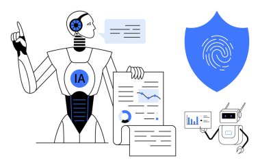 Çizelgeleri olan robot, analitiği olan küçük robot, parmak izi kalkanı, yapay zeka elementleri. Veri analizi, teknoloji, siber güvenlik, yenilik, makine öğrenme otomasyonu için ideal basit düz metafor