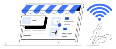 Ürün listeleri, çıkış simgeleri ve indirim etiketleriyle çevrimiçi bir mağaza arayüzü gösteren bir dizüstü bilgisayar aç. Kablosuz sembol ve yakınlardaki bitki. E-ticaret için ideal, çevrimiçi alışveriş, perakende satış, internet