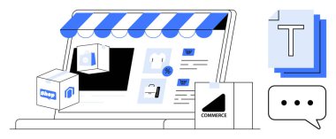 Dizüstü bilgisayarı, alışveriş çantaları, teslimat kutuları, metin belgeleri ve mesaj ikonu olan dijital mağaza önü. Çevrimiçi perakende satış, e-ticaret, pazarlama, dağıtım stratejisi ürün tanıtımı için ideal basit