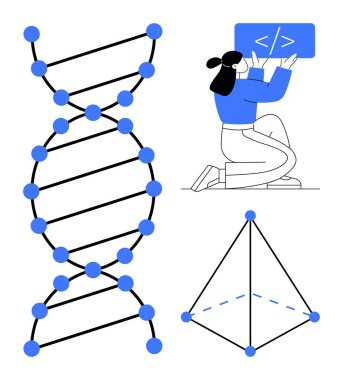 Düğümleri ve çizgileri olan DNA sarmal yapısı, geometrik piramit, kodlama ile uğraşan kişi. Biyoteknoloji, veri bilimi, eğitim, araştırma, programlama, yenilik için ideal basit bir iniş sayfası