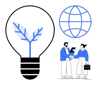 Filizlenen yapraklı ampul, küresel erişimi sembolize eden küre ve tokalaşma ortaklığı takımı. Sürdürülebilirlik, yenilik, takım çalışması, büyüme, küresel iş, eko çözümler için ideal