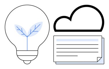 Yeşil enerjiyi sembolize eden yapraklı ampul depolama için bulut ve bilgi paylaşımı için belgeler. Sürdürülebilirlik, yenilik, yeşil teknoloji, veri depolama, eko-tasarım, bilgi için ideal