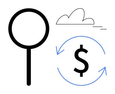 Arama için büyüteç, teknoloji için bulut ve işlem ve ekonomi için okları olan dolar işareti. Finans, analitik, yenilik, yatırım, bulut teknolojisi, basit bir daire ticareti için ideal