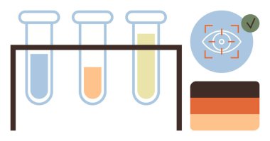 Askıda renkli sıvılarla dolu üç test tüpü onay sembollü görüş hedefi, renk paleti. Yenilik, bilim, araştırma, test, mercek doğrulama keşfi için idealdir. Basit düz
