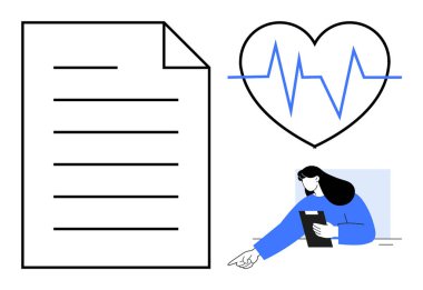 Sağlık çalışanı pano, belge taslağı, kalp atışı ikonu sağlık izleme ve veri değerlendirmesini temsil ediyor. Tıbbi, sağlık, araştırma, sağlık takibi ve tanı için ideal