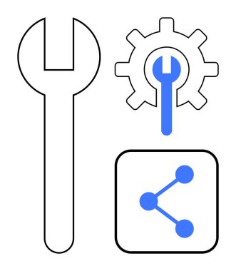 İngiliz anahtarı entegre edilmiş anahtar ve düz dizaynlı ağ simgesi paylaşım aracı. Basit bir iniş sayfası için takım çalışması, işbirliği, teknoloji, geliştirme, onarım, bakım yazılımı için ideal